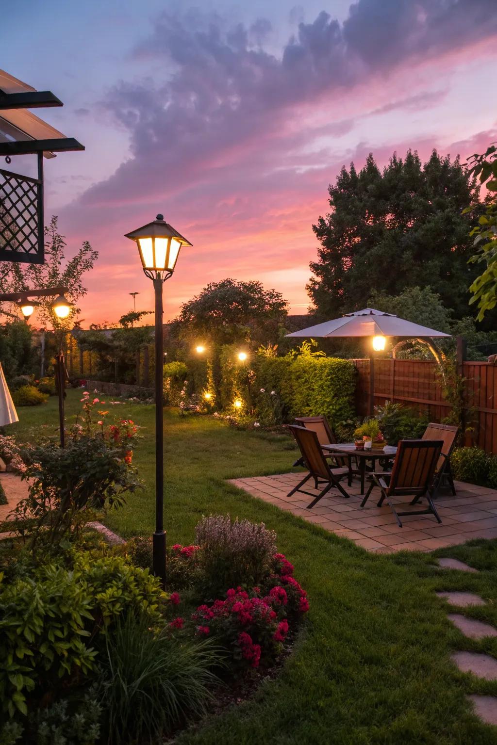 Sustainable solar lights casting a warm glow over a beautiful garden.