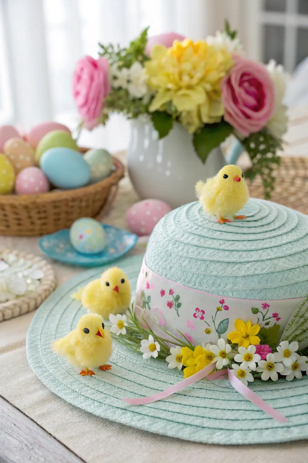 Charming felt chicks adorn this delightful Easter bonnet.