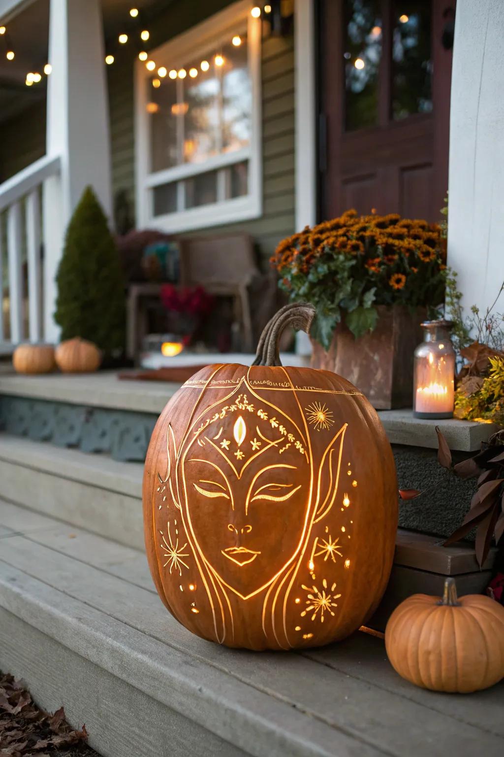 A lady alien pumpkin with a touch of elegance.