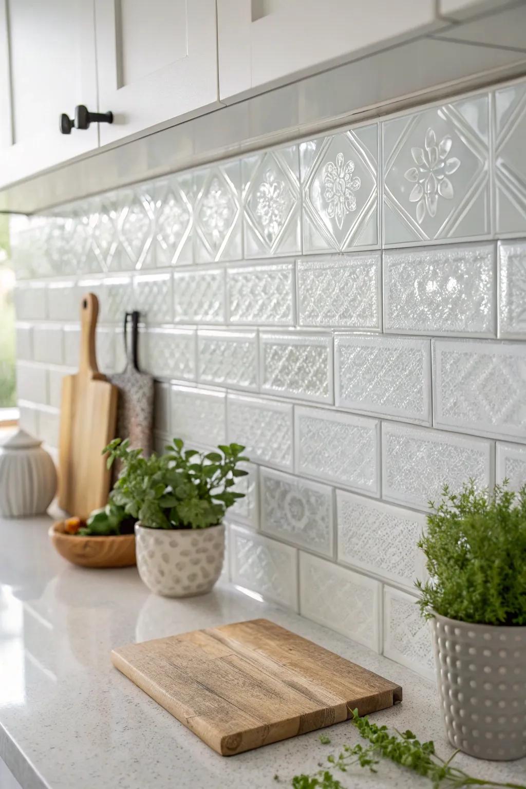 Transform your kitchen with sleek glass tiles for a luminous and airy feel. ✨ #MinimalistElegance #ScandiBoho