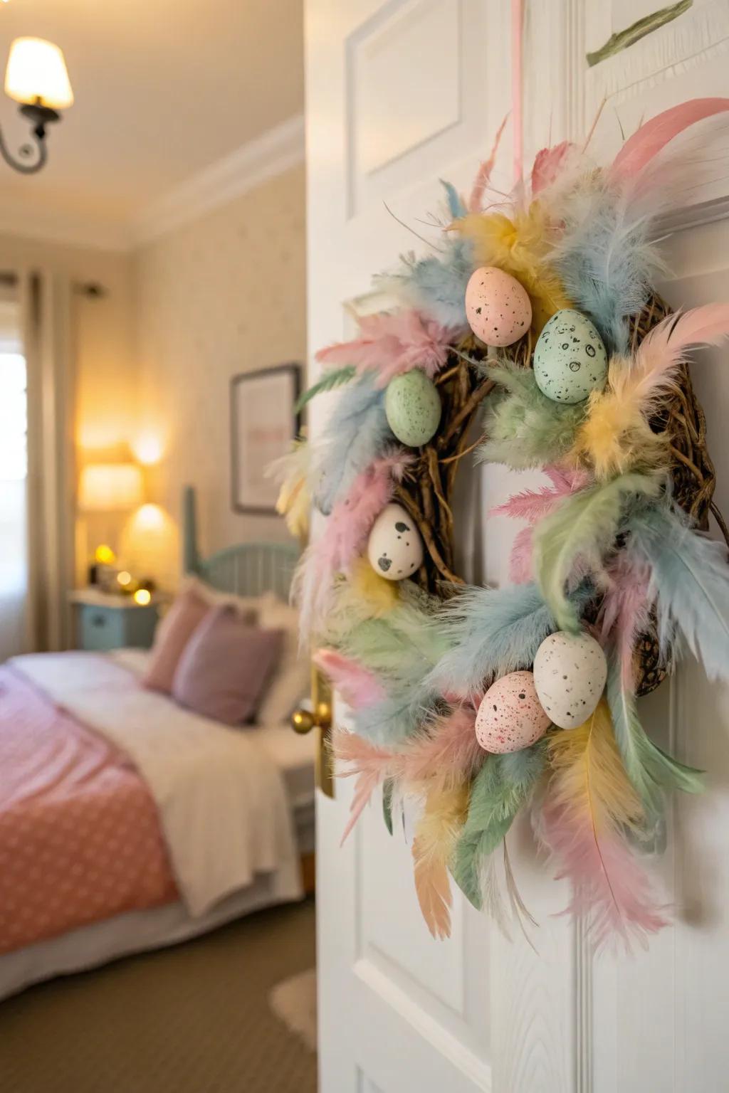 Create a soft touch with a feather and egg Easter wreath.