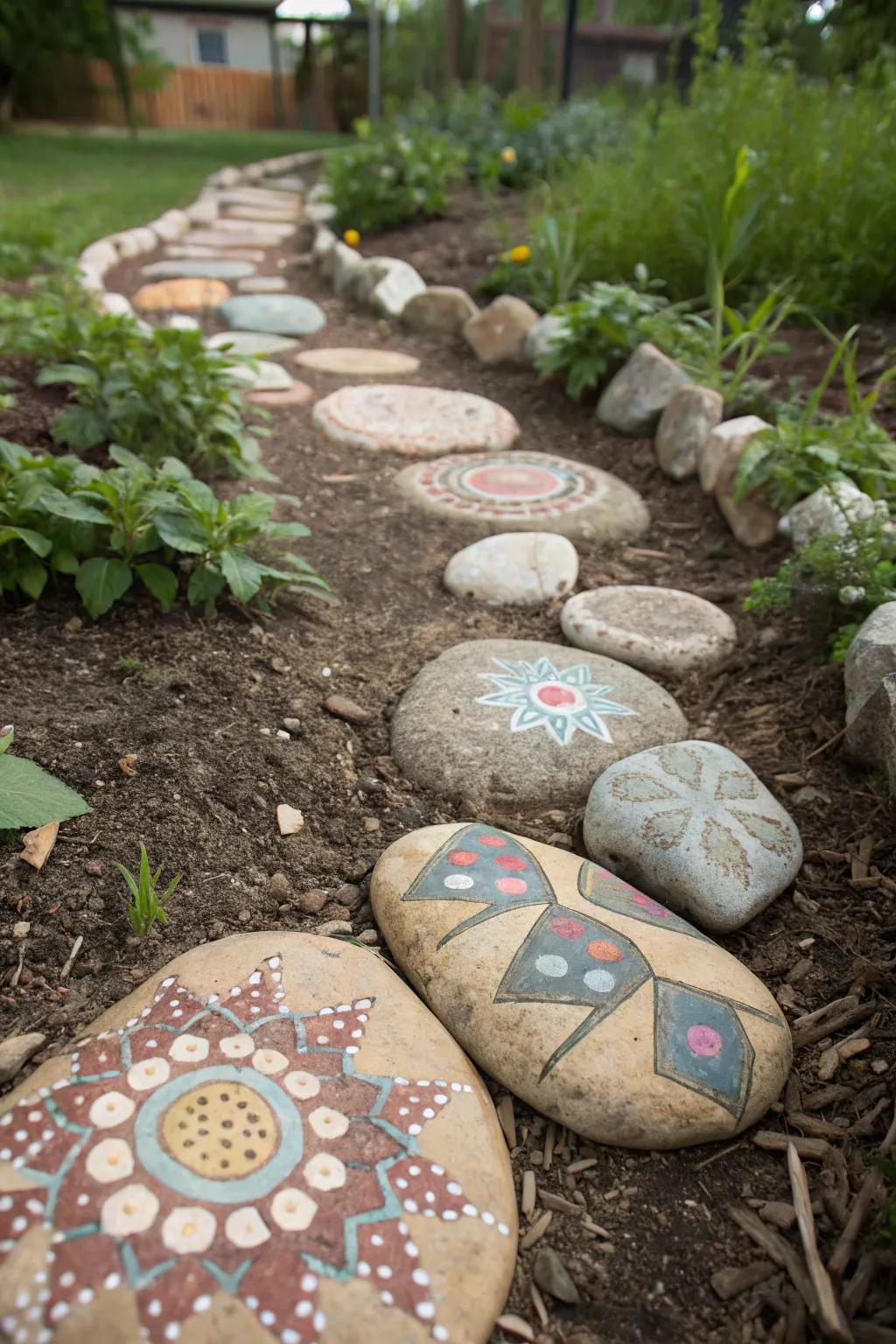 Discover the art of simplicity with our charming painted rock pathway, a perfect blend of creativity and nature.