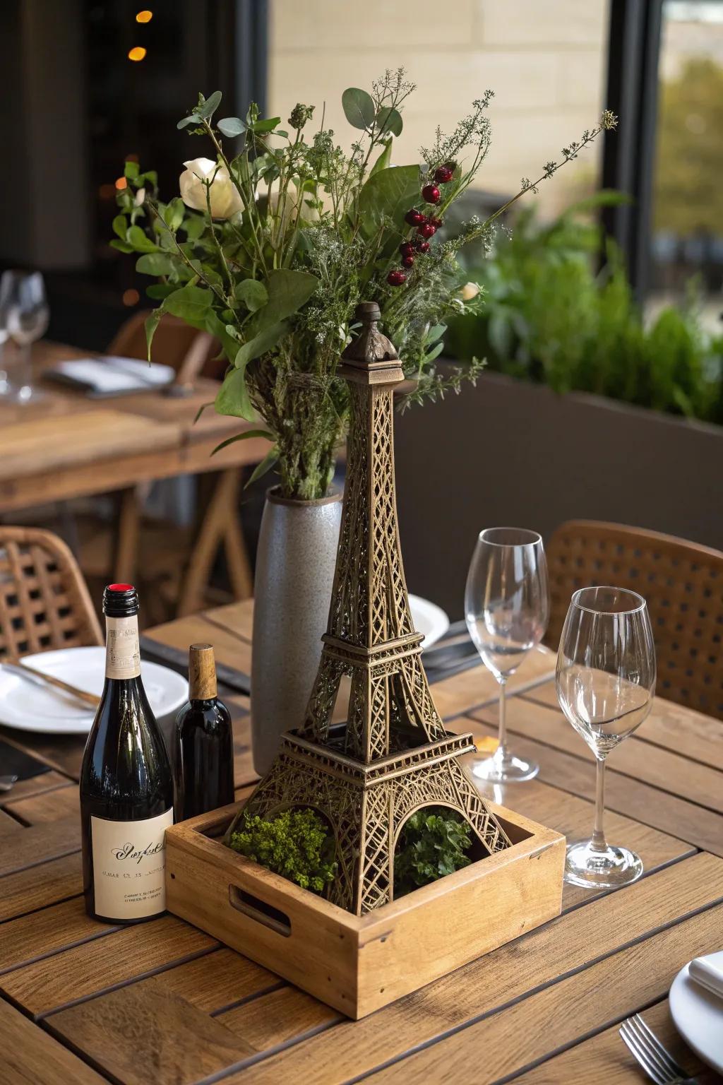 Wine bottles and greenery create a charming and sustainable centerpiece.