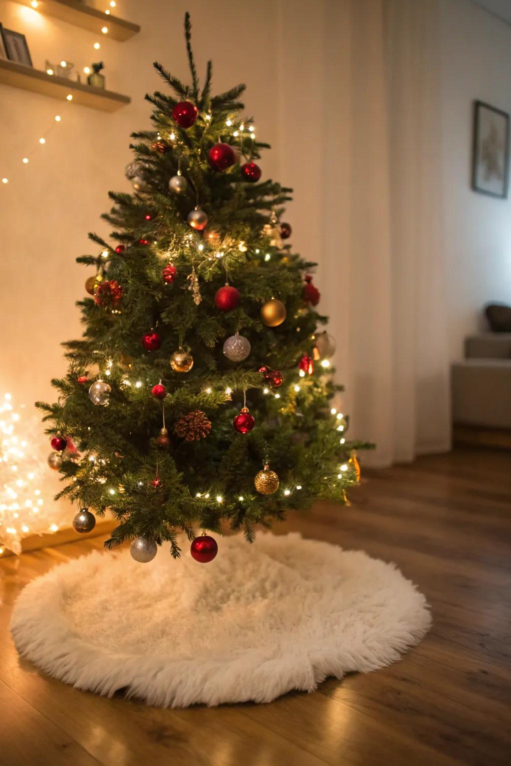 A plush tree skirt adds comfort and style to your holiday decor.