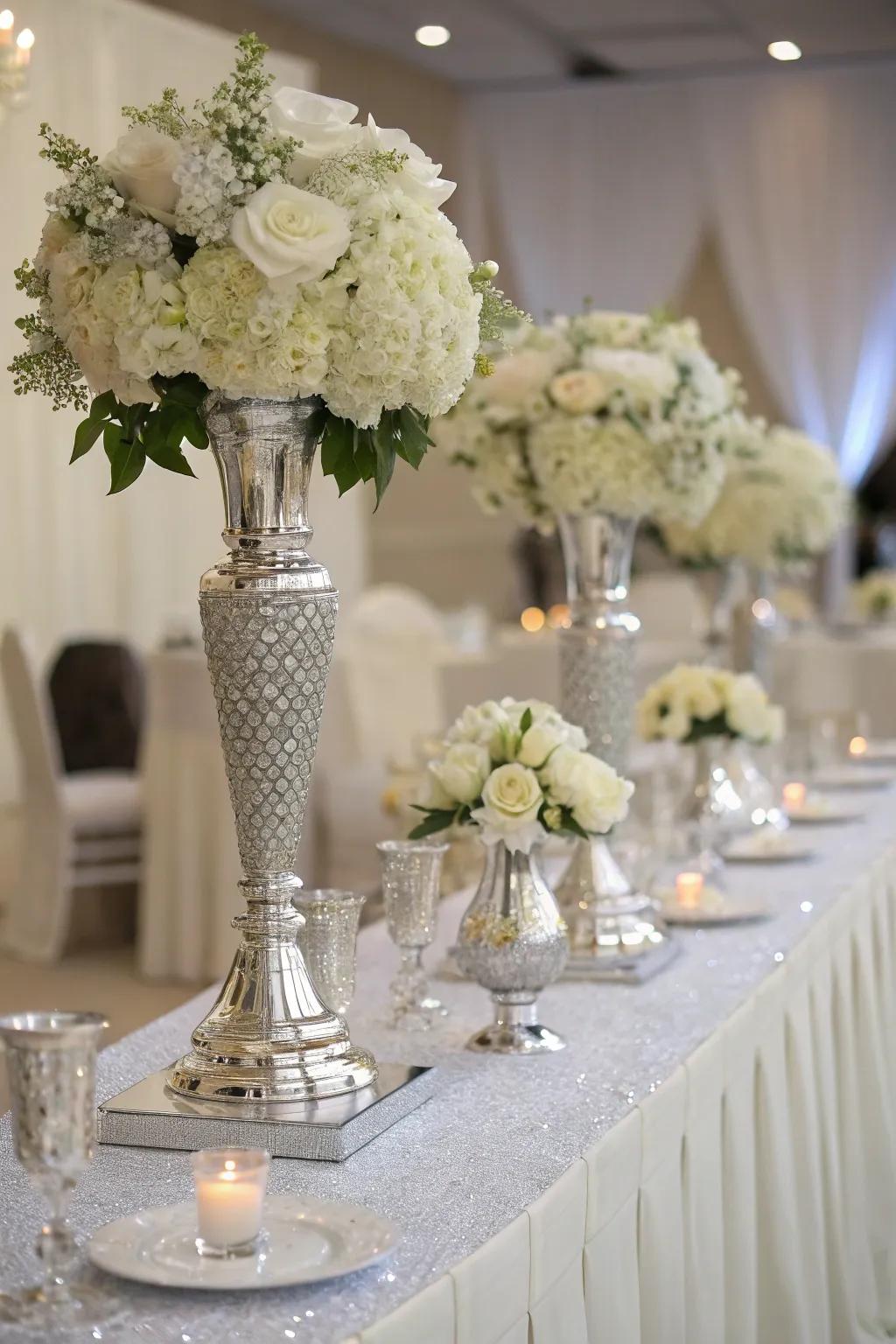 Sparkling silver centerpieces add charm.