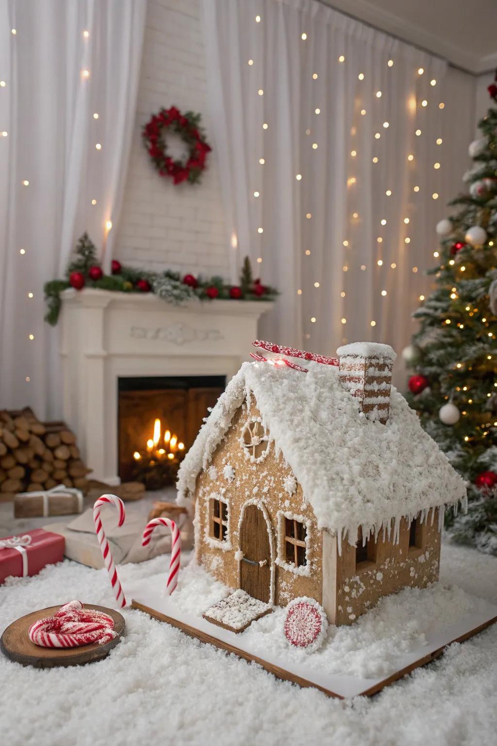 A snowy gingerbread retreat for elves.