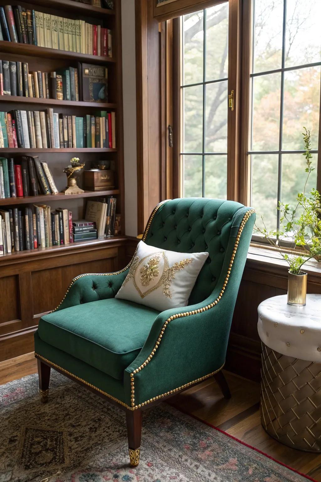 A cozy reading nook featuring an emerald green accent chair with gold detailing.