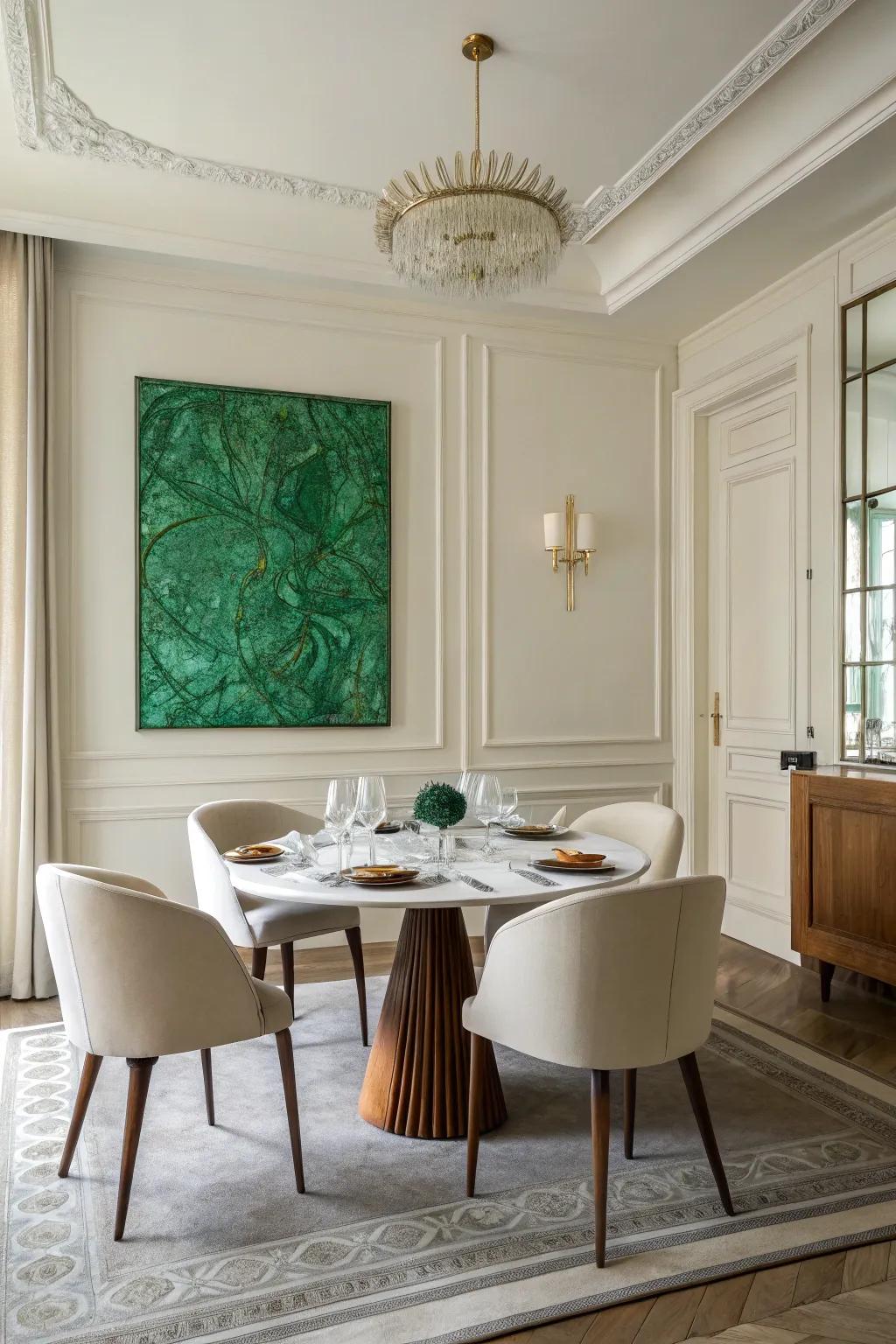 Emerald green artwork can tie your dining room's color scheme together.