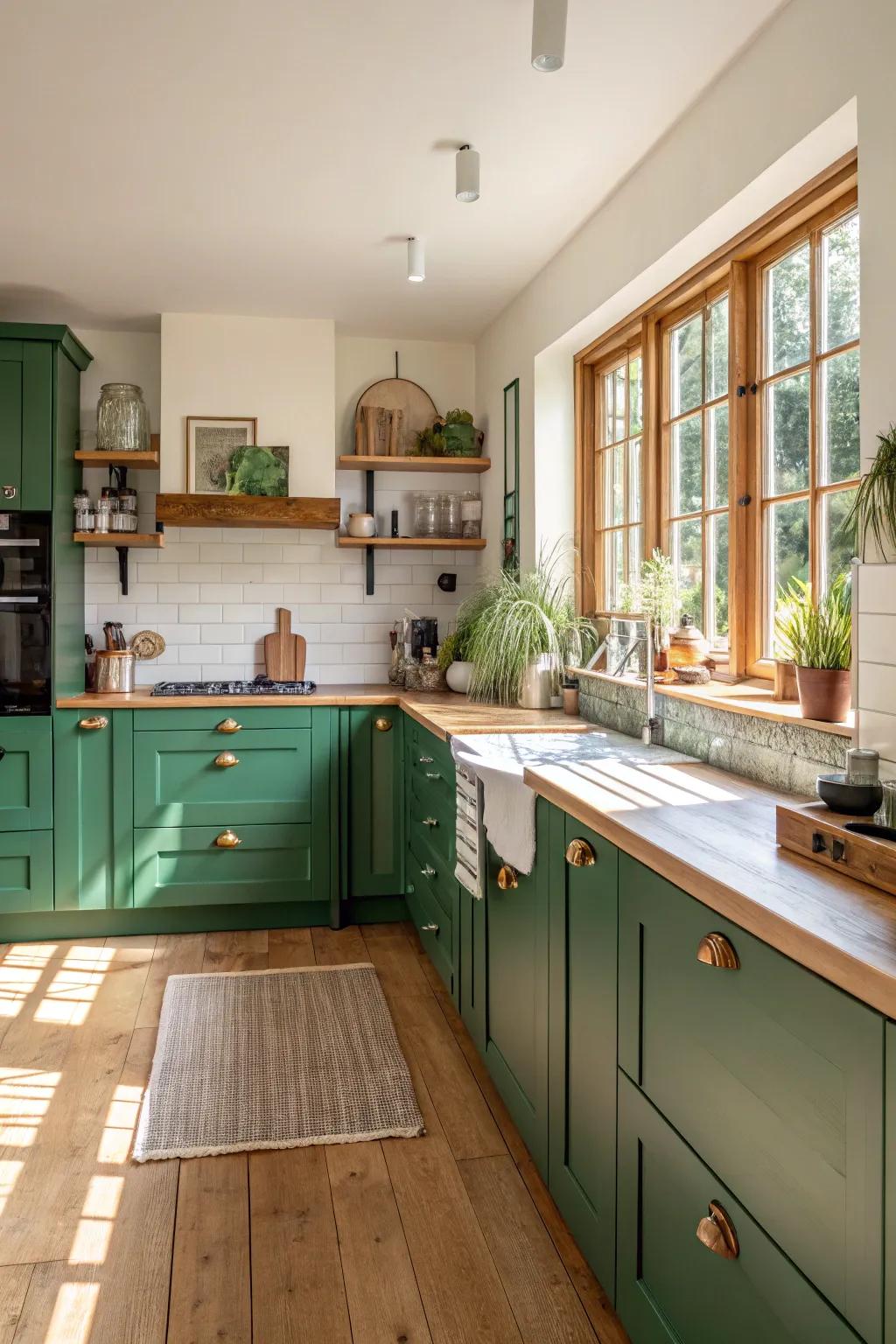 A harmonious blend of emerald green and natural wood in a cozy kitchen setting.