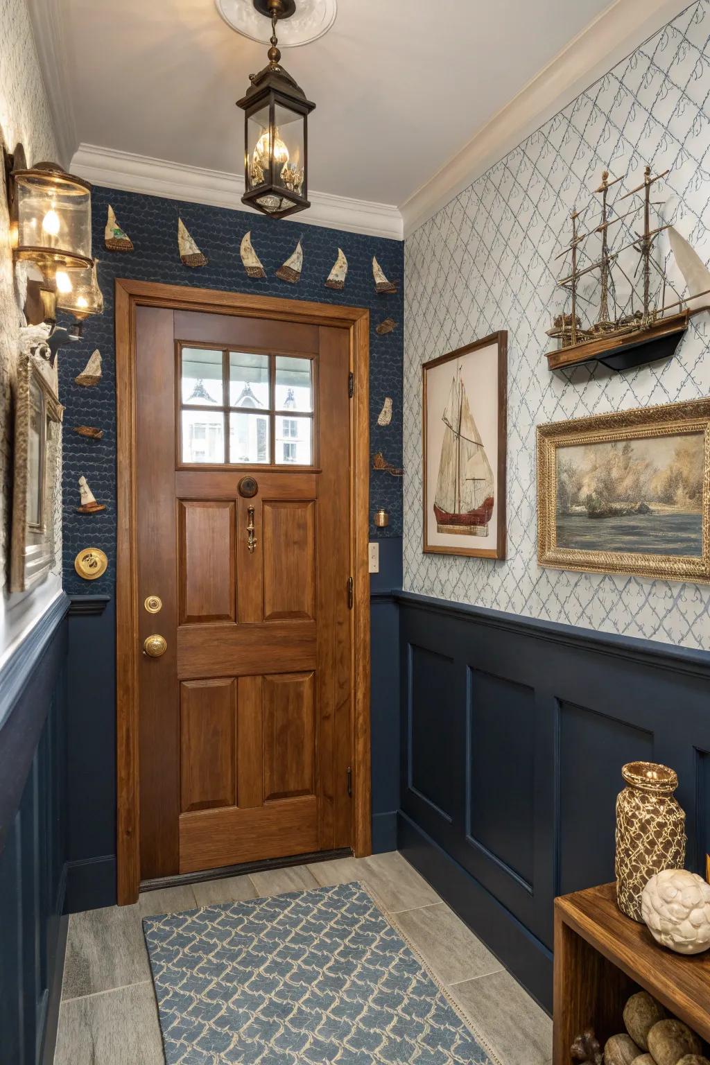 Navy blue wainscoting adds a nautical touch to your home.