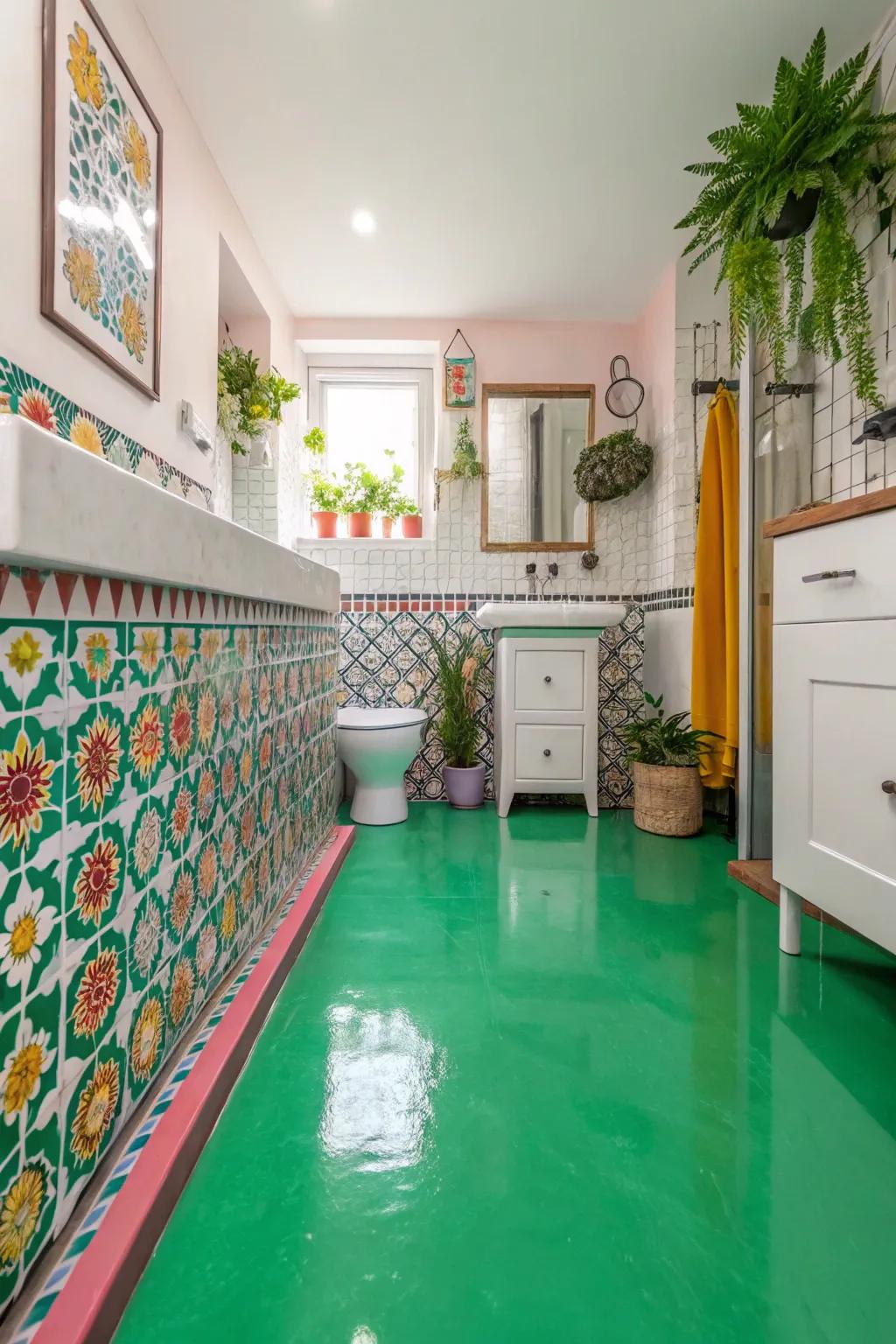 Bold emerald epoxy floor making a vibrant statement in the bathroom.