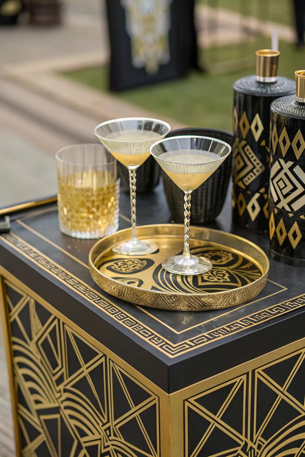 Art Deco-inspired cocktail table with geometric patterns.