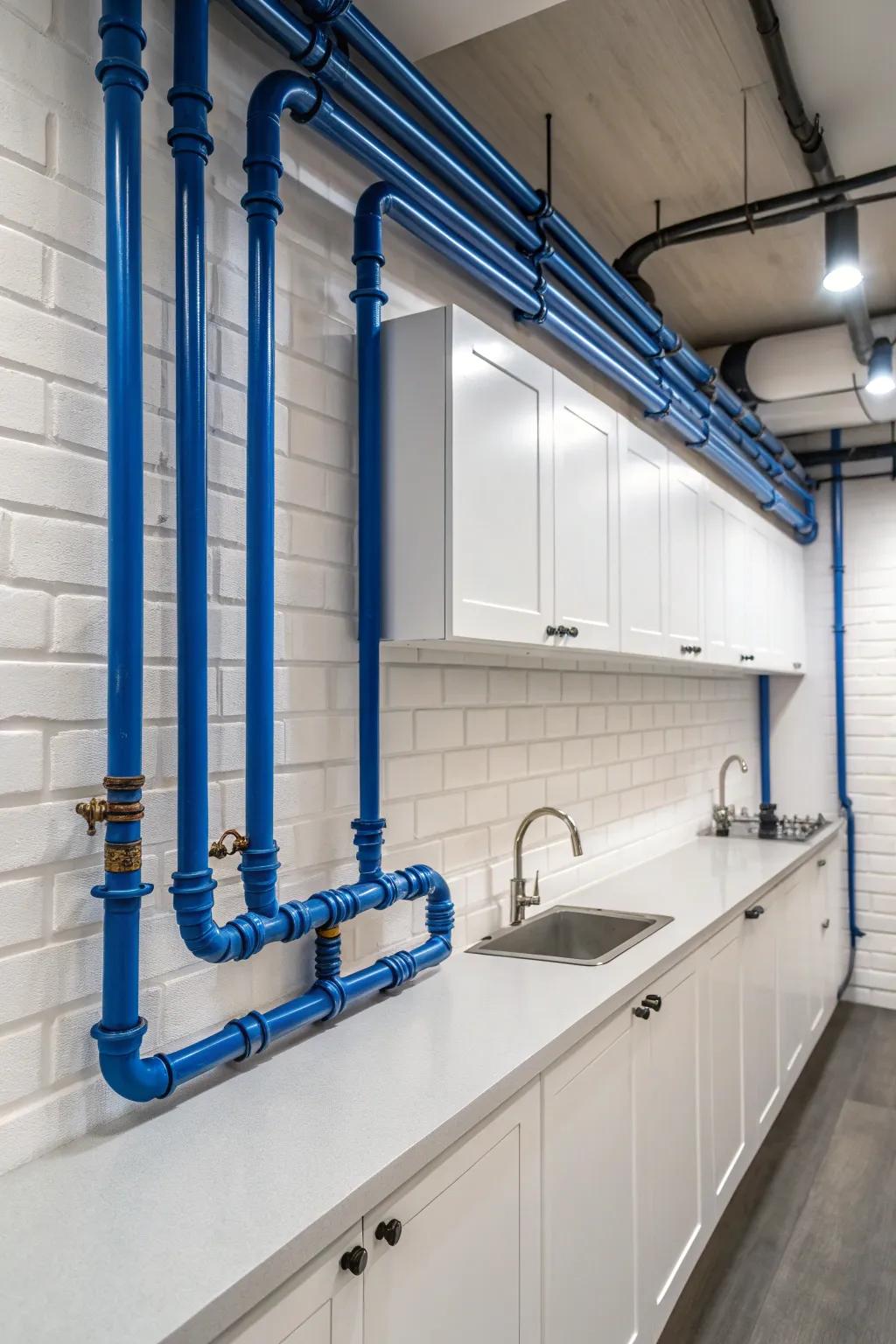 Bold and Blue: Transform Your Kitchen with Striking Exposed Conduits