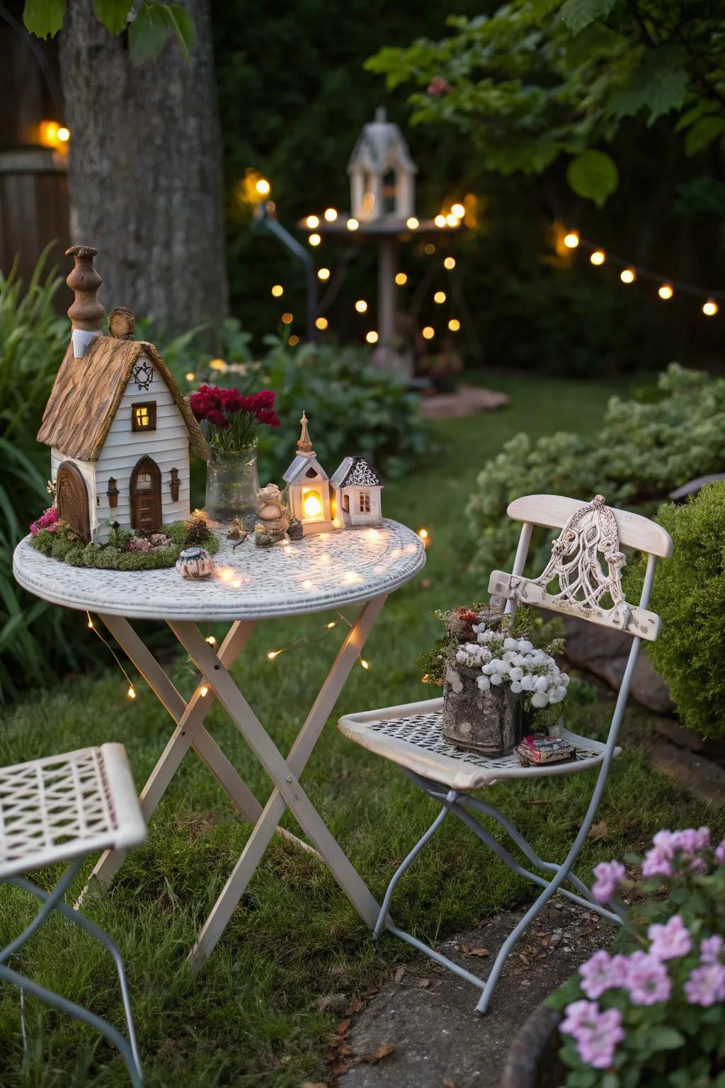 An old bistro set reimagined as a fairy garden village.