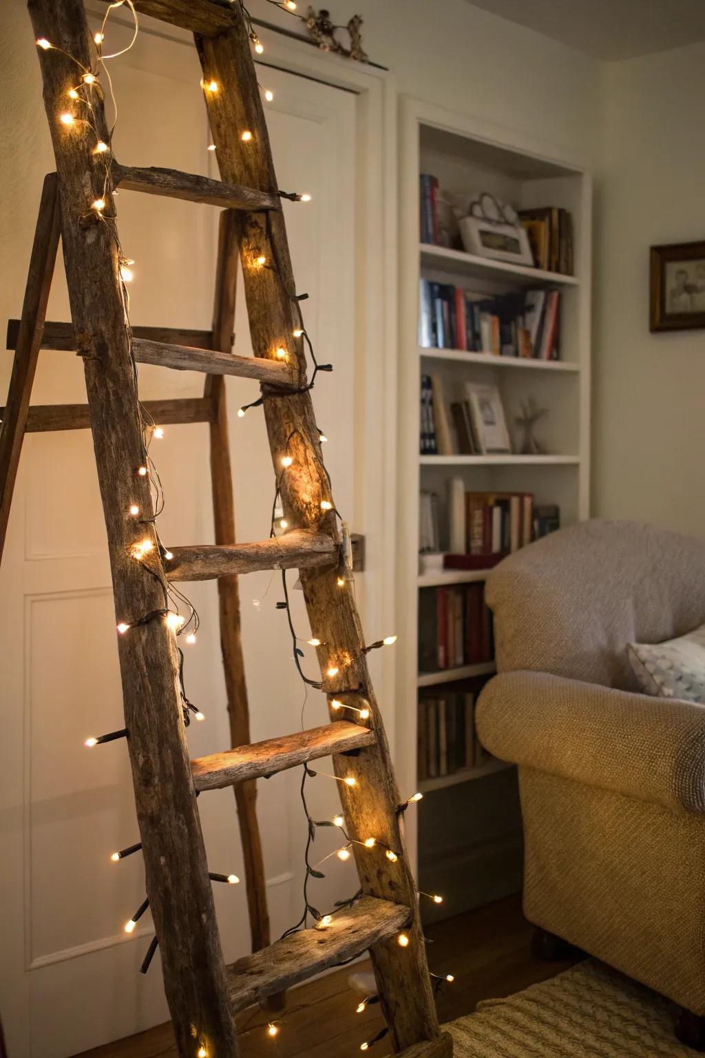 A rustic ladder adorned with fairy lights, adding a cozy touch to the room.