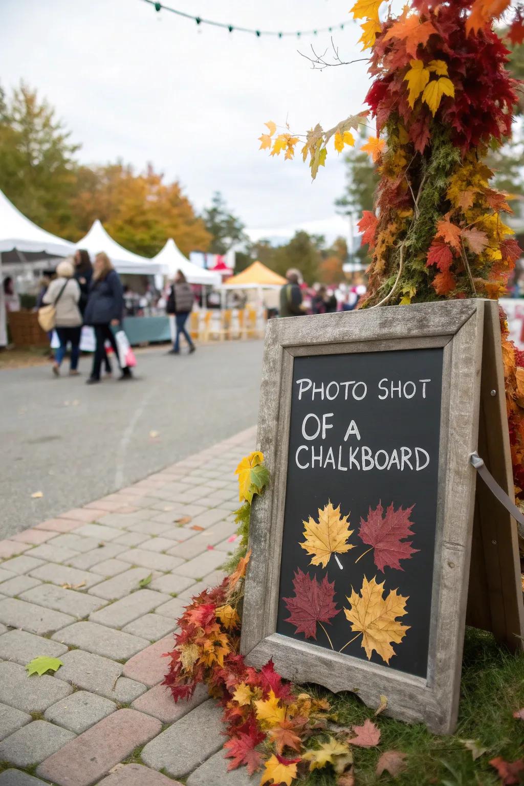 A chalkboard sign framed with leaves welcomes guests to the festival.