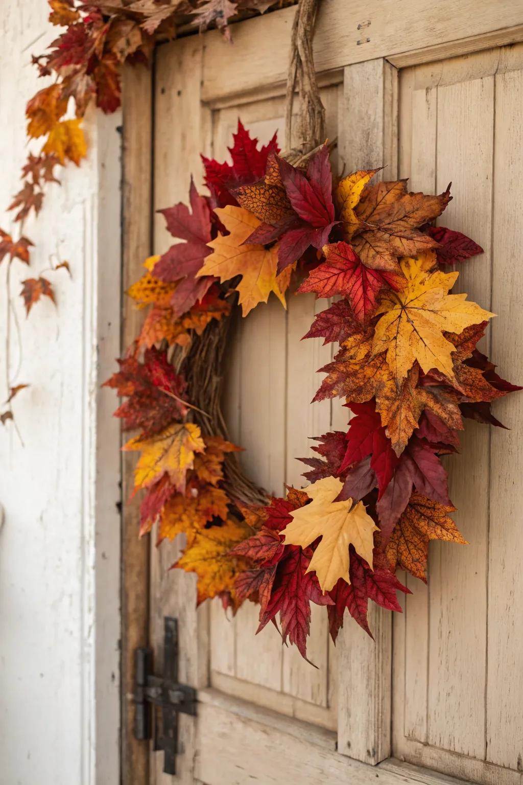 Welcome autumn with a handcrafted leaf wreath that exudes natural beauty and simplicity.
