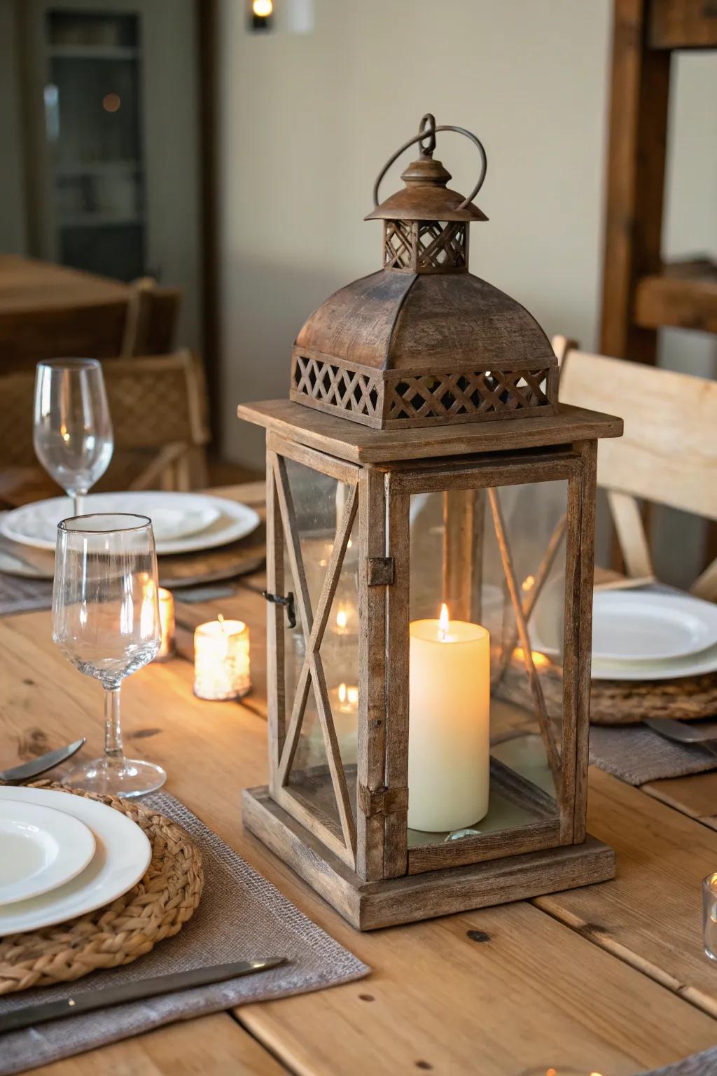 A rustic lantern with an LED candle creates a charming and safe farmhouse centerpiece.