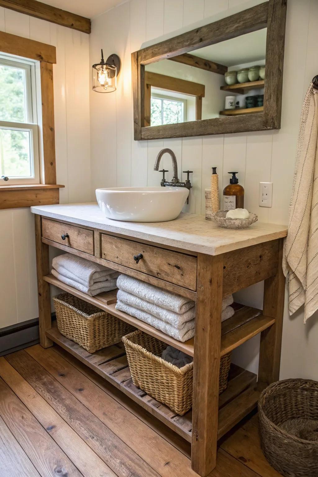 A farmhouse bathroom featuring open shelving under the vanity for a casual look.