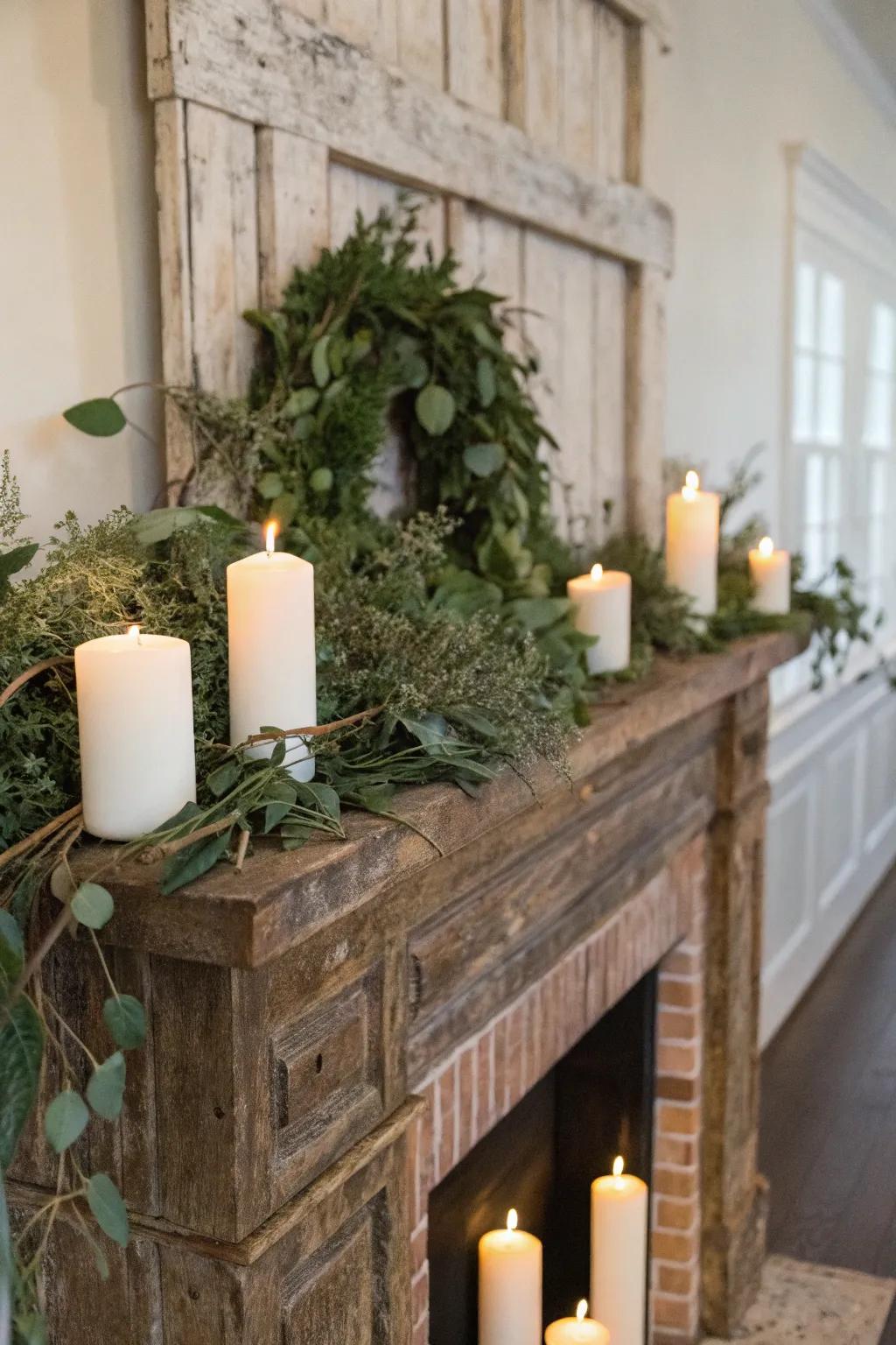 Rustic mantel decor with weathered wood and greenery.