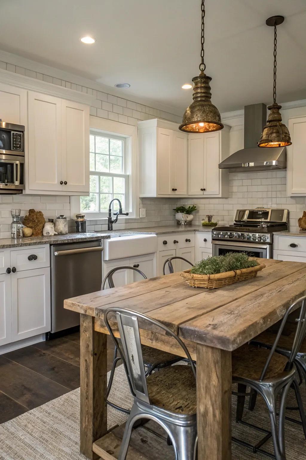 Farmhouse kitchen with metal accents and stainless steel details.