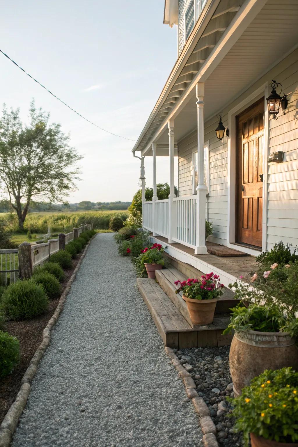 A classic gravel path provides a practical and charming approach to this farmhouse.