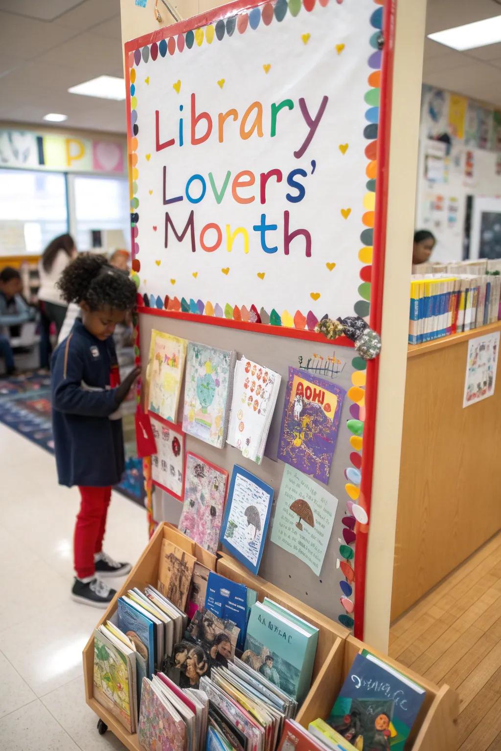 Celebrate the love of reading with a library-themed bulletin board.