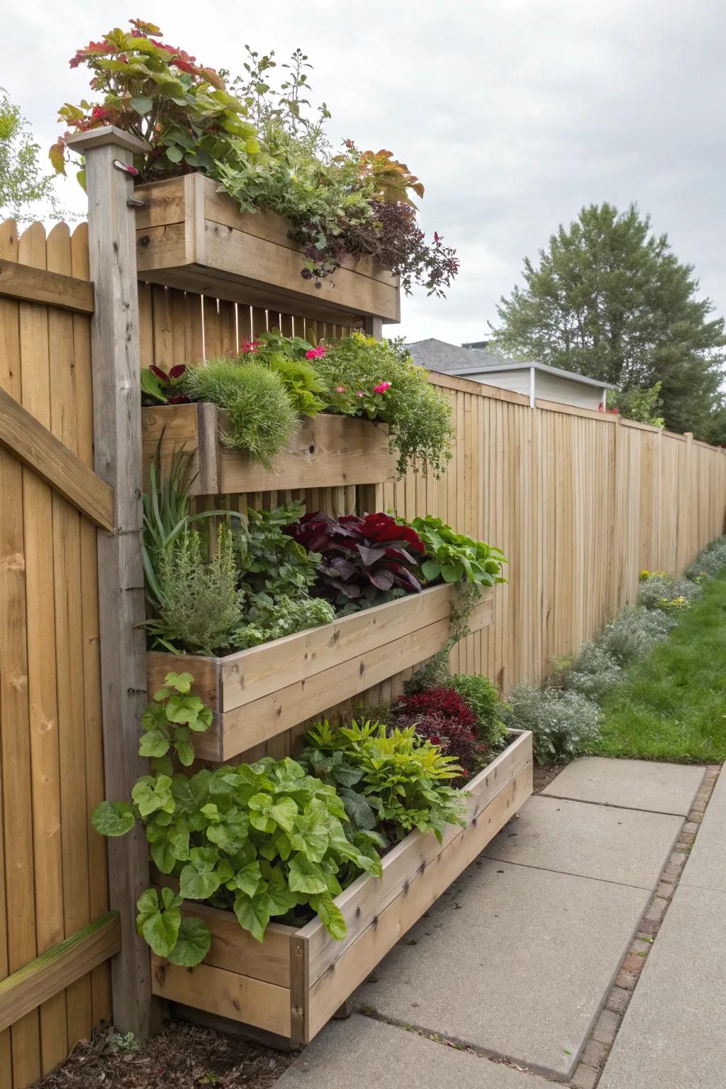 Tiered planters add depth and dimension to your garden fence.