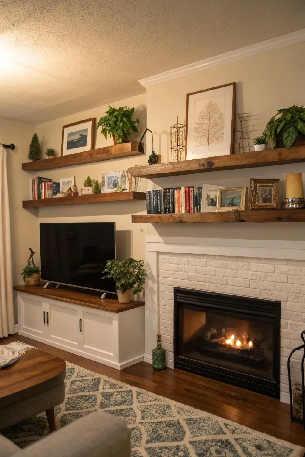 Floating shelves add a touch of elegance and functionality.