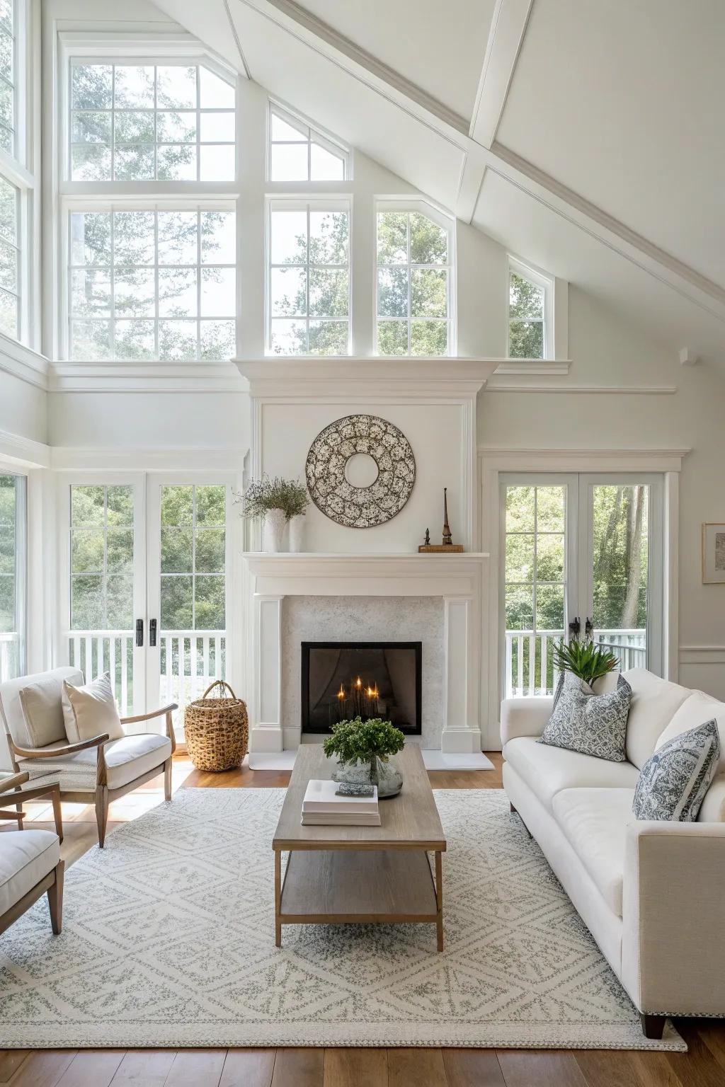 A white fireplace brightening the room and enhancing the sense of space.