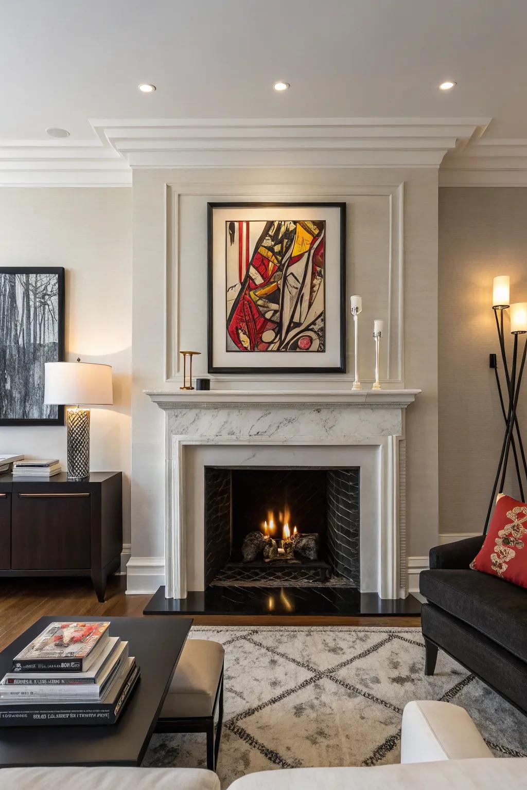 Bold art can make your mantel a striking focal point.