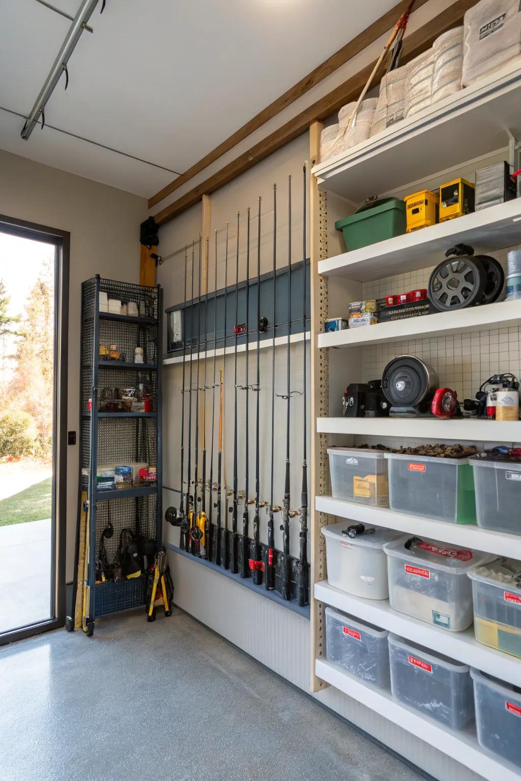 Shelf dividers efficiently organize tackle and fishing gear.