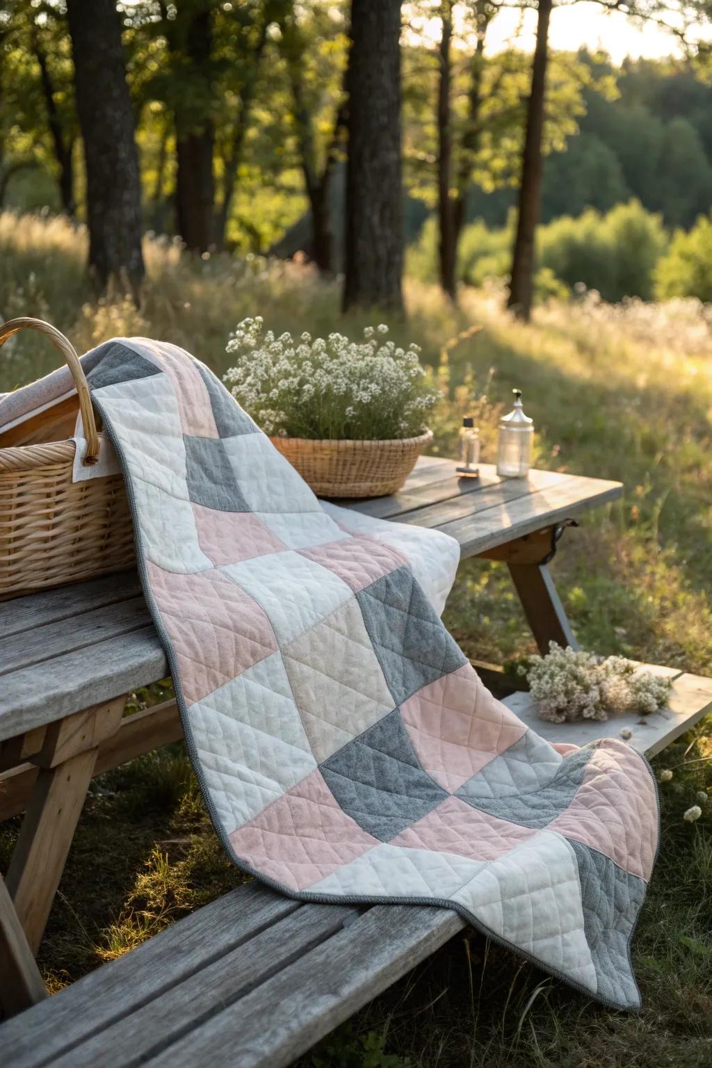 Wrap yourself in the warmth of handcrafted elegance with this minimalist fleece quilt, perfect for every outdoor adventure.