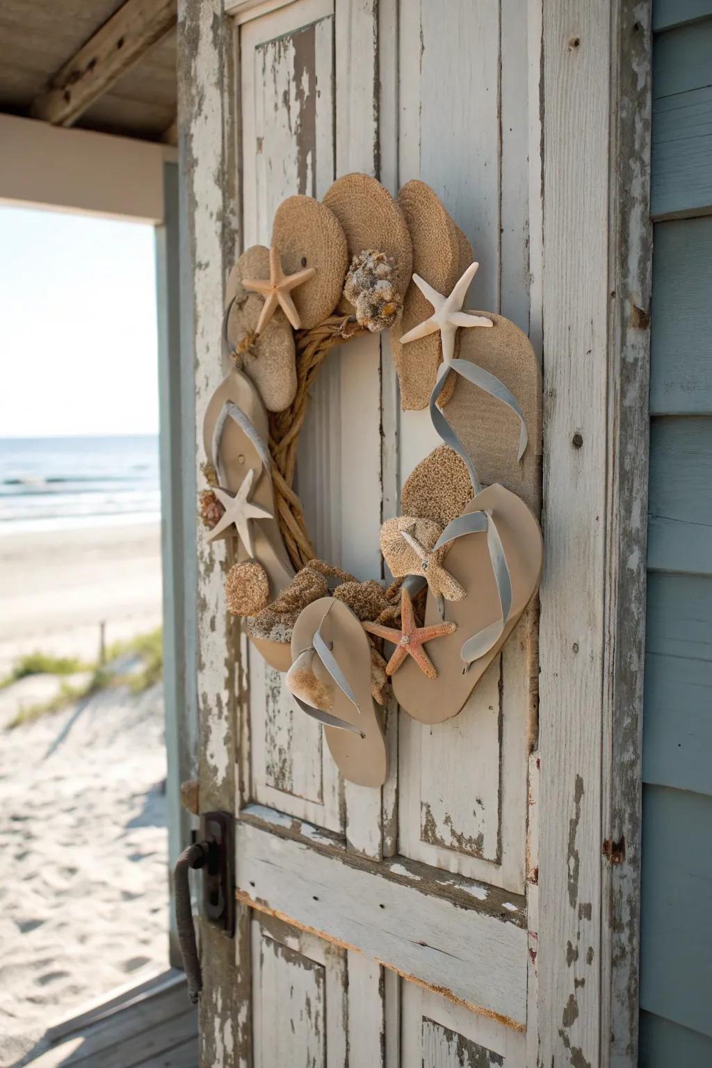 A beachcomber's delight flip flop wreath, ideal for coastal living.