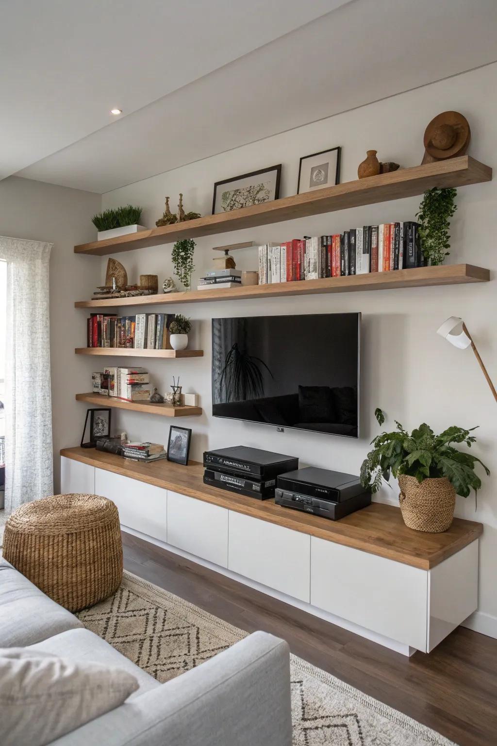 Floating shelves provide both style and storage around the TV.