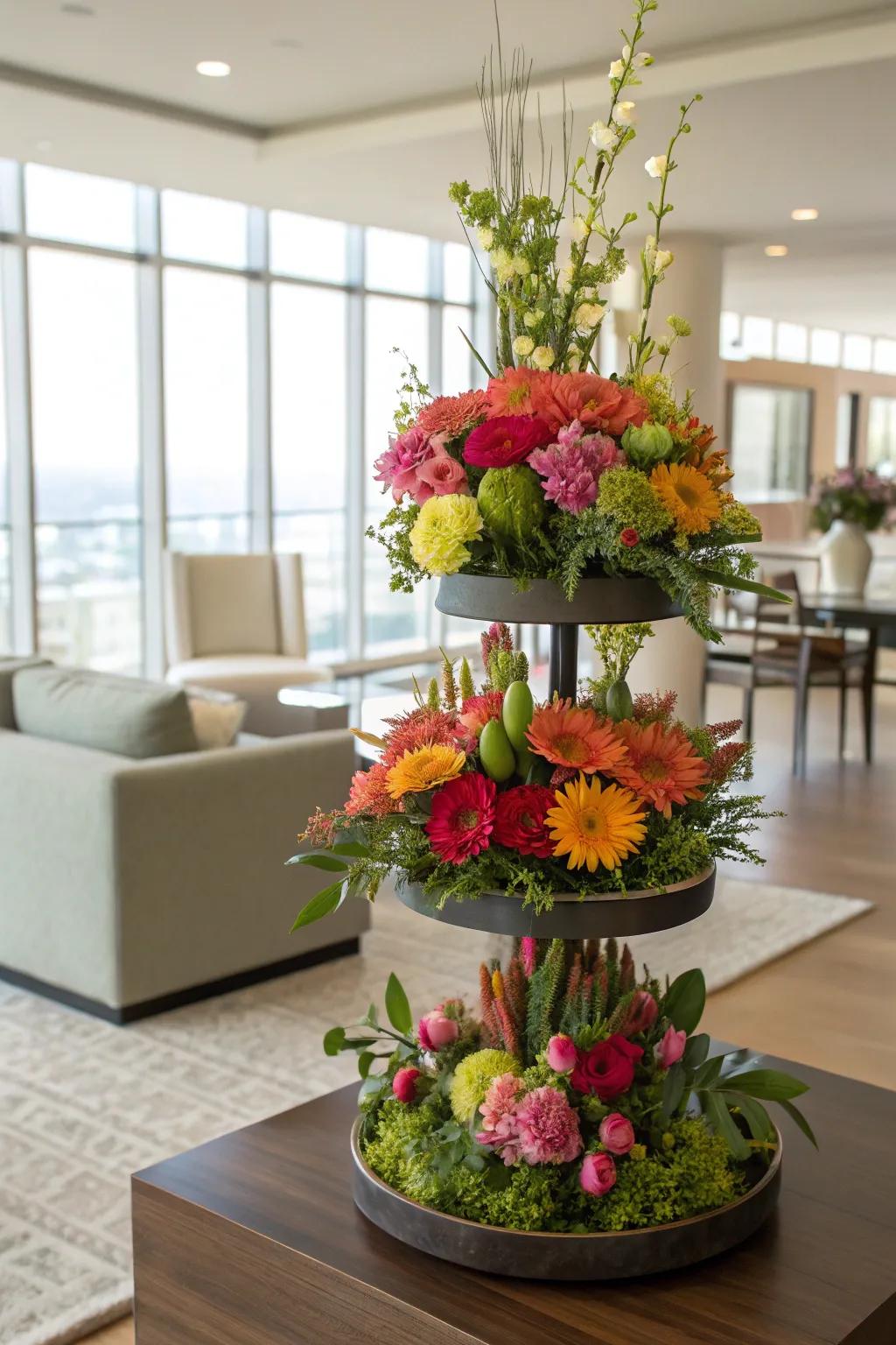 Dramatic three-tiered floral arrangement with vibrant colors.