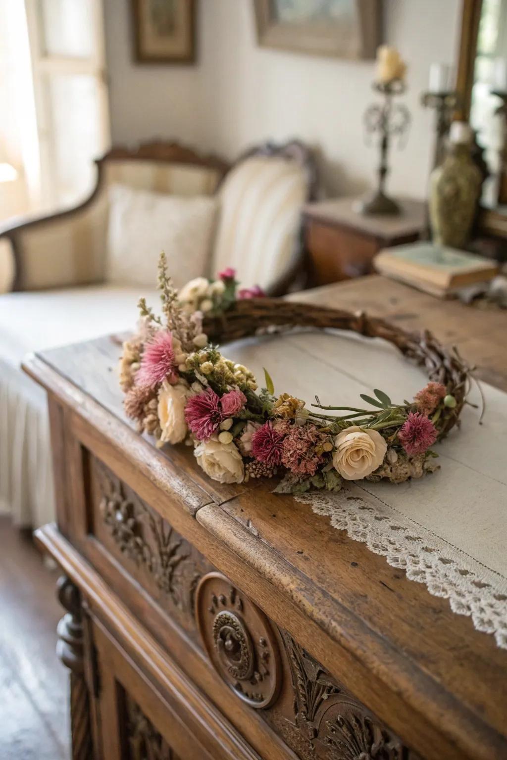 A vintage flower crown with timeless dried florals.