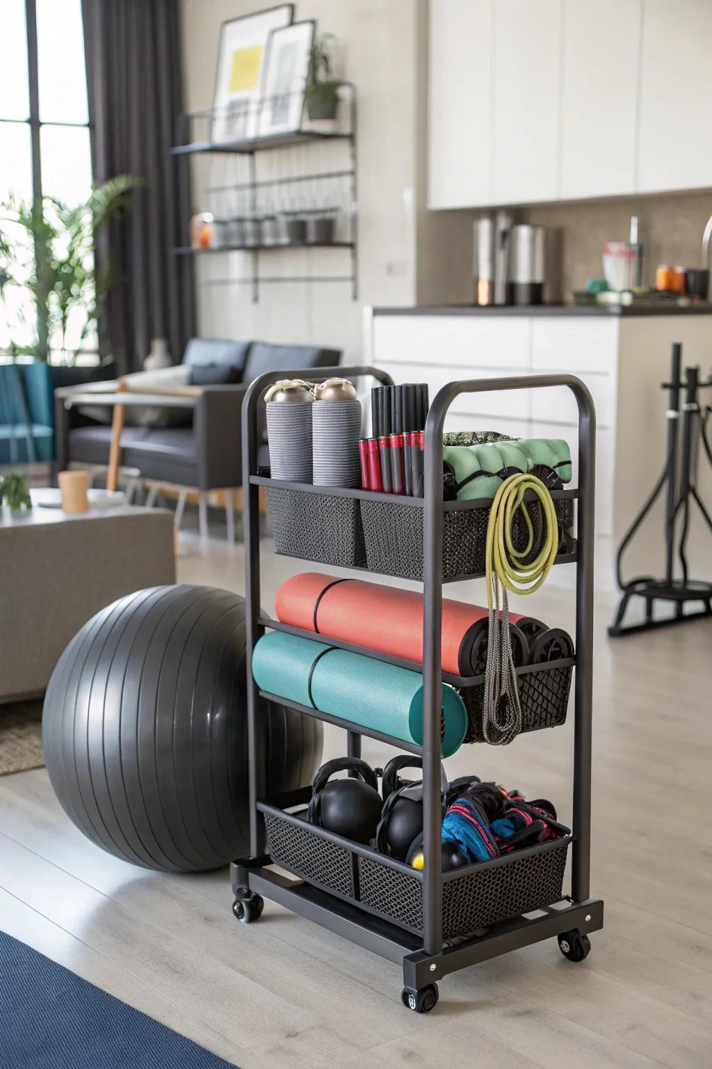 A rolling cart keeps your foam rollers mobile and organized.