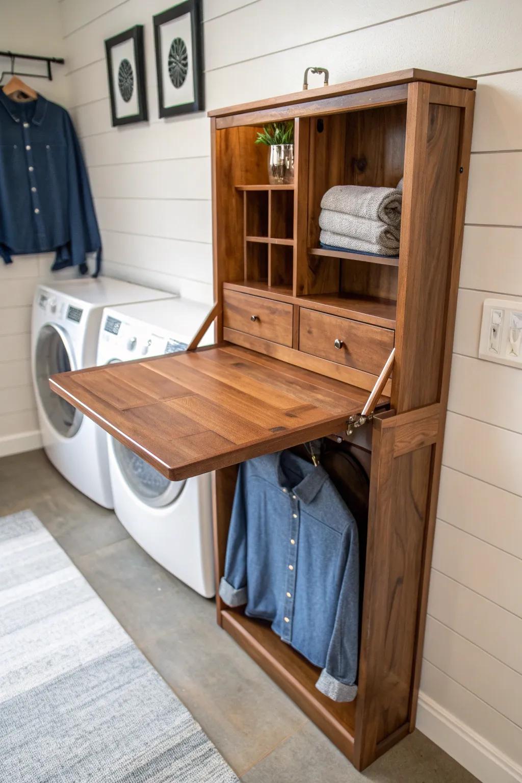 Elevate your laundry routine with a handcrafted drop-down table that combines practicality with artistry.