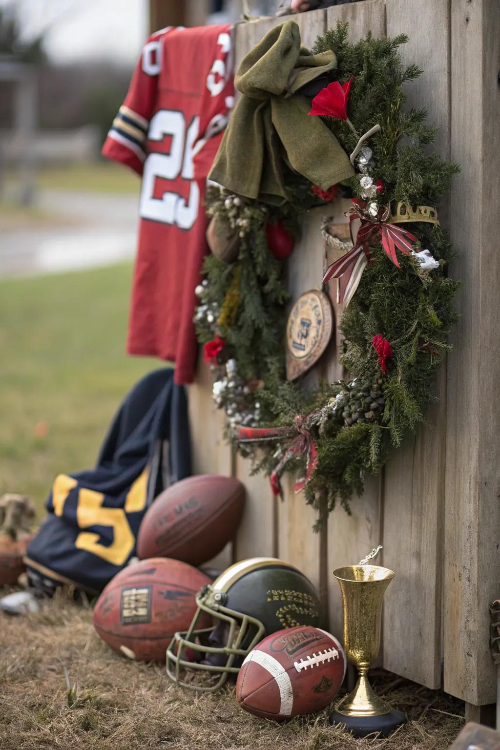 Vintage memorabilia adds a nostalgic charm to this football wreath.