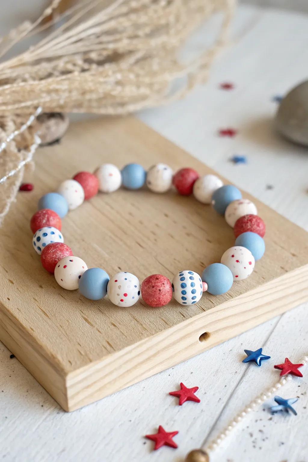 Celebrate the Fourth of July with a touch of elegance and playfulness, captured in this charming clay bead bracelet design.