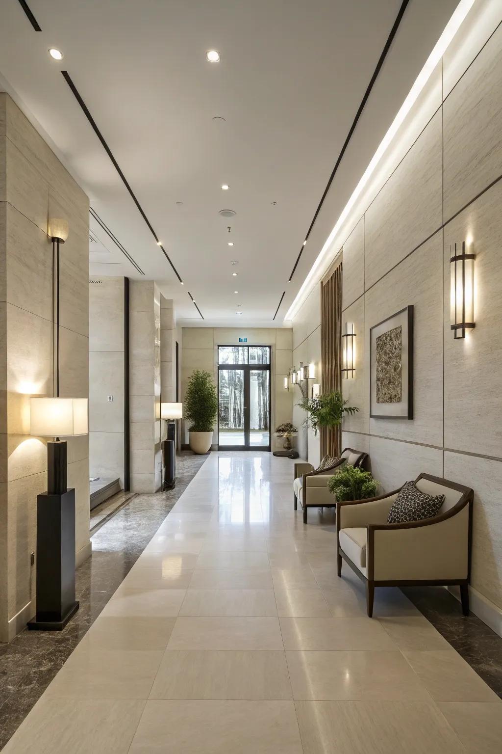 Minimalistic lighting keeps this modern foyer sleek and stylish.