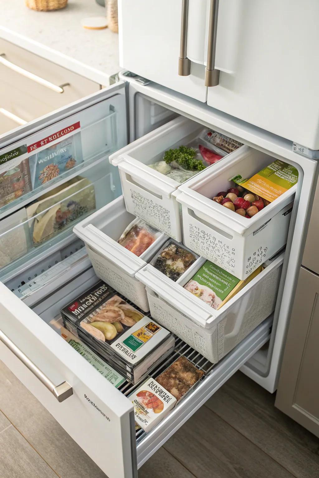 Vertical storage helps maintain order in a drawer freezer.