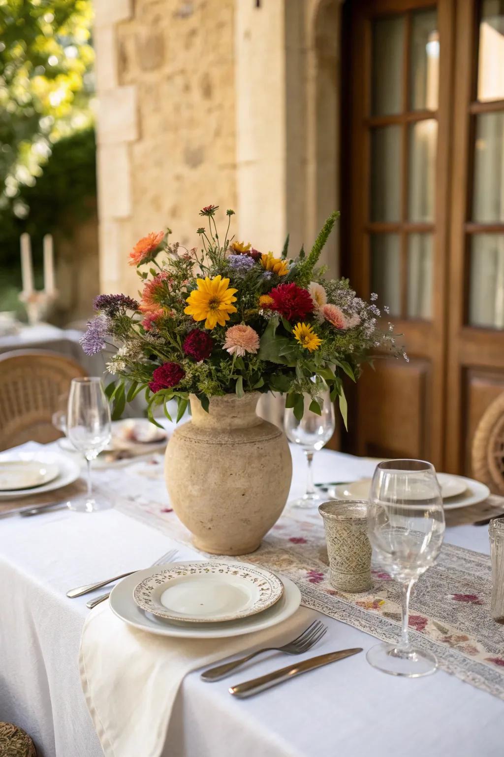 A fresh floral centerpiece brings the beauty of the French countryside to your table.