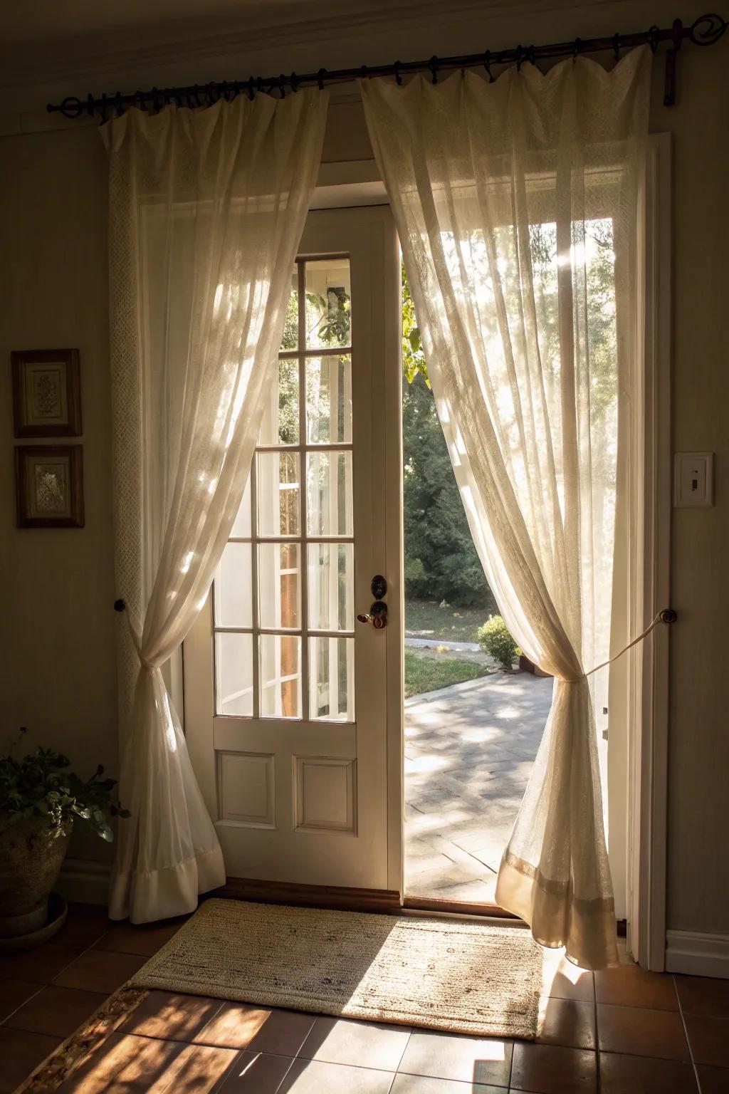 Ethereal sheer curtains framing the front door's sidelights.