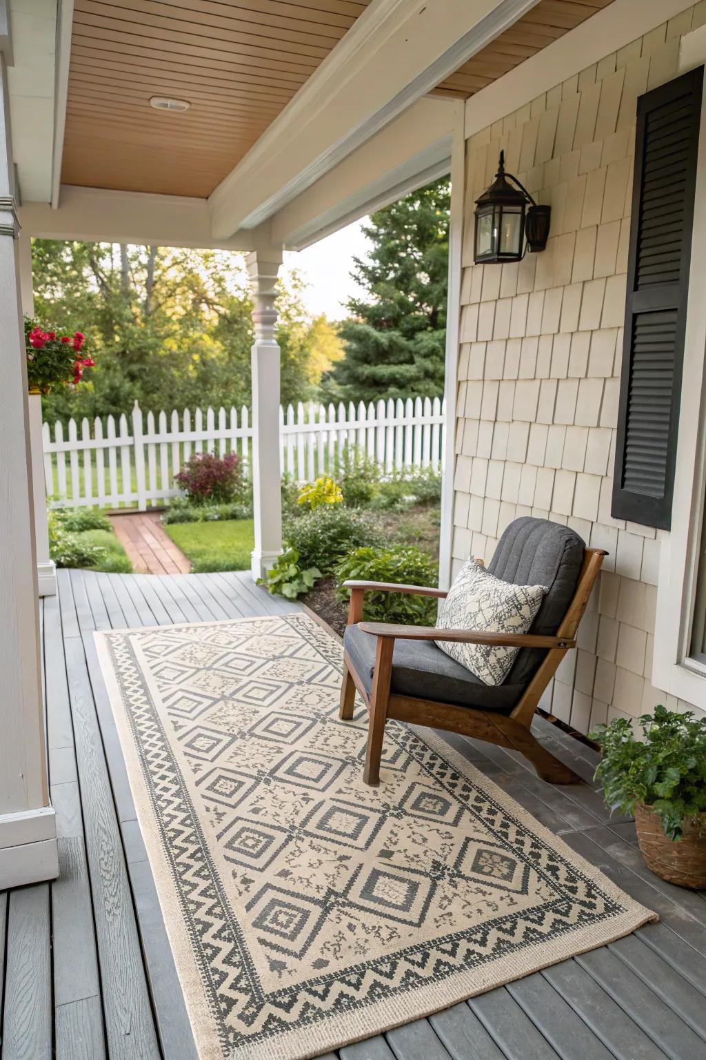 An outdoor rug brings style and comfort to the front porch.