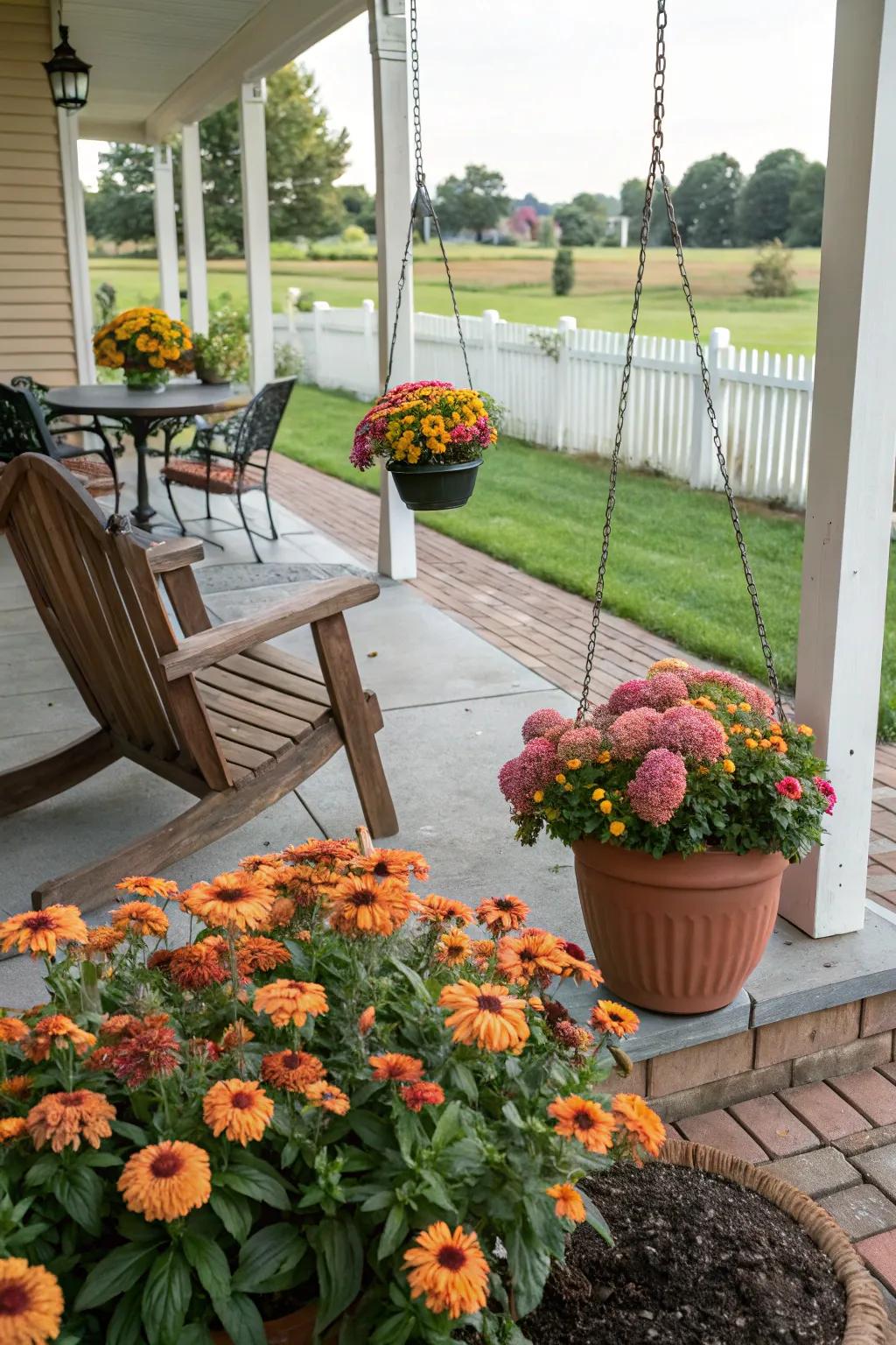 Sunset hues with lantanas and coneflowers brighten the porch.