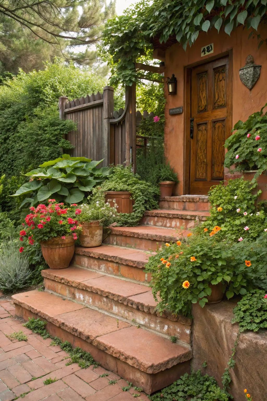 Warm terracotta steps paired with lush greenery.