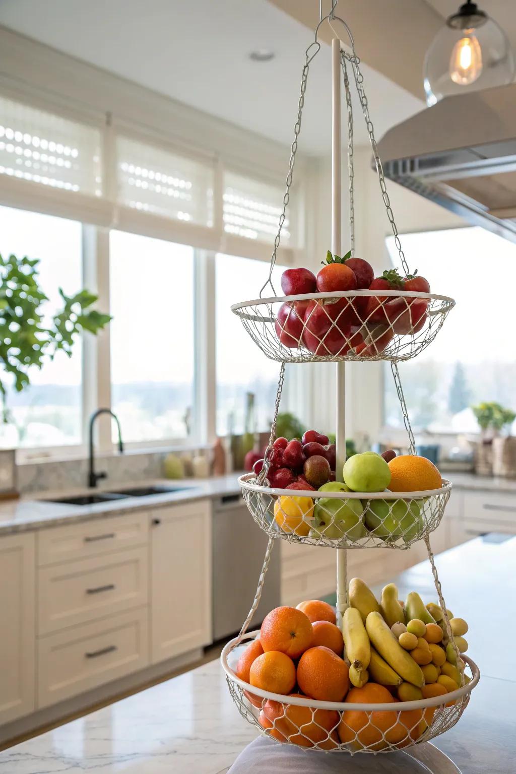 Tiered baskets add dimension and functionality to kitchen spaces.