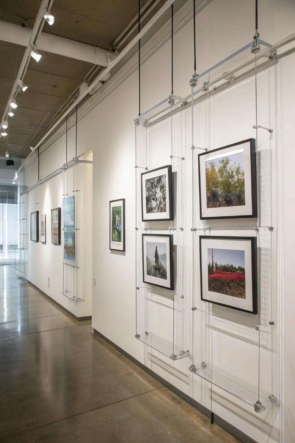 A gallery wall with a floating arrangement using clear frames for a modern look.